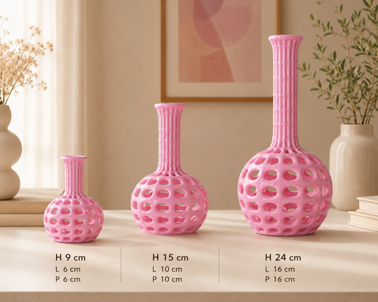 Three-size Atlantide designer vase collection featuring modern decorative flower vases in contemporary pink finish, perfect for luxury home decor, interior design, living room styling, shelf decor and elegant floral arrangements.