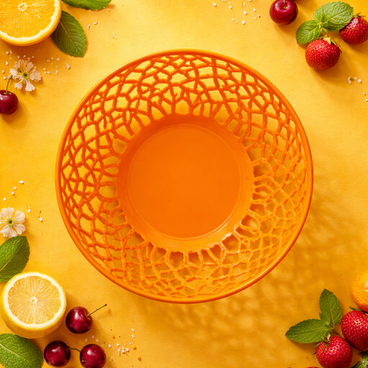 Cestino porta frutta design geometrico moderno con arance e uva