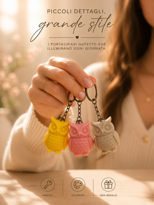 Hand holding colorful owl keychains, cute handmade gift, 3D printed PETG accessory, unique designer keyring for everyday use