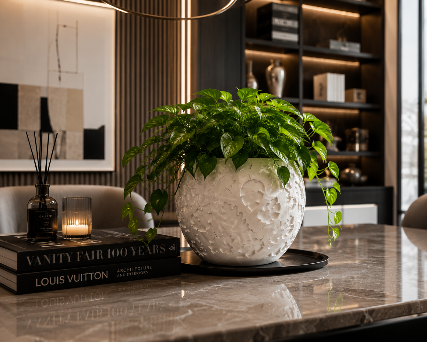 Elegant white embossed planter with lush green pothos displayed in a luxury contemporary living room with premium home decor and designer furniture.