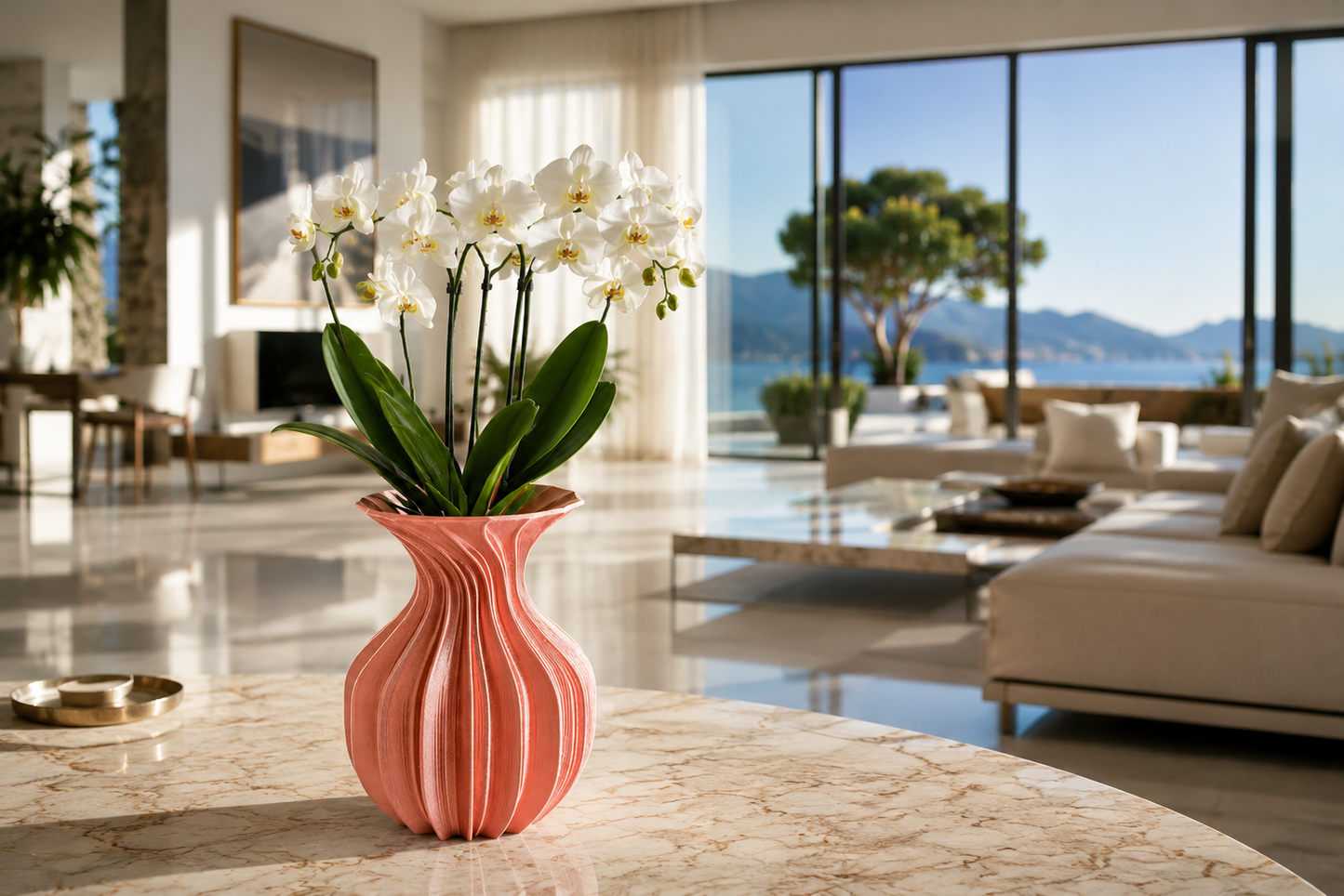 Luxury contemporary living room with panoramic windows featuring a pink 3D printed designer vase holding elegant white orchids on a marble table. Premium PETG decorative vase made in Italy.