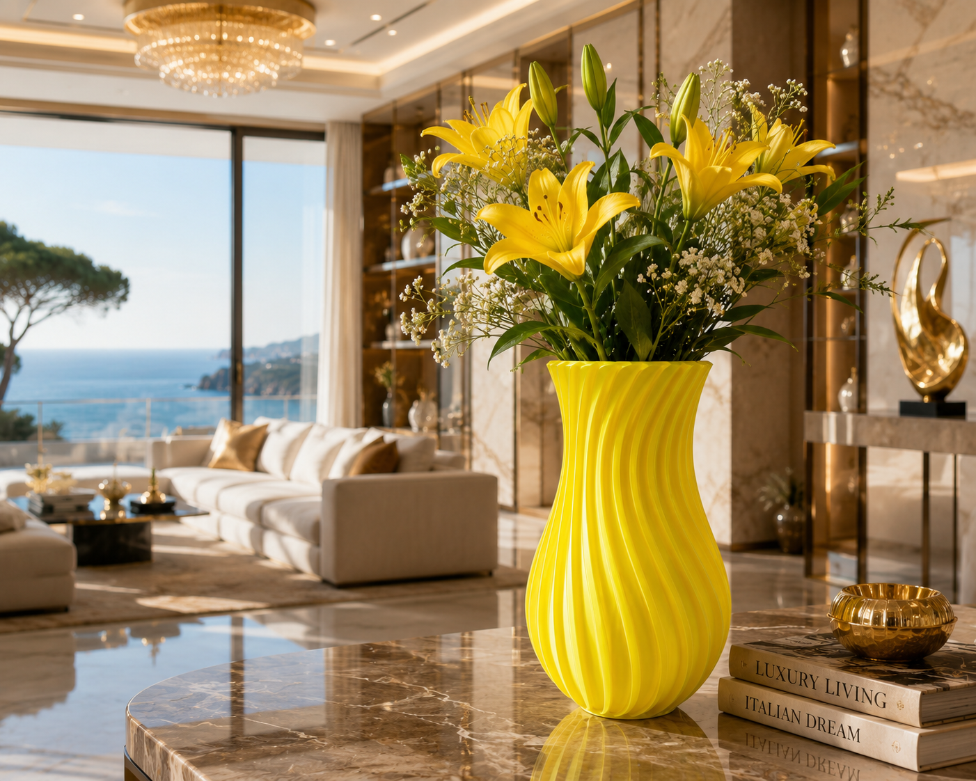 Elegant luxury interior showcasing a large yellow 3D printed decorative vase filled with beautiful yellow lilies. Contemporary Made in Italy designer vase displayed in a premium living room with marble finishes and panoramic sea view.