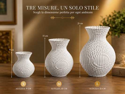 Elegant modern 3D printed decorative vase displayed in three sizes (9 cm, 15 cm, and 21 cm). Contemporary designer flower vase for home decor, living room decoration, office styling, minimalist interior design, luxury home accessories, floral centerpiece, unique handmade decor, and modern table decoration.