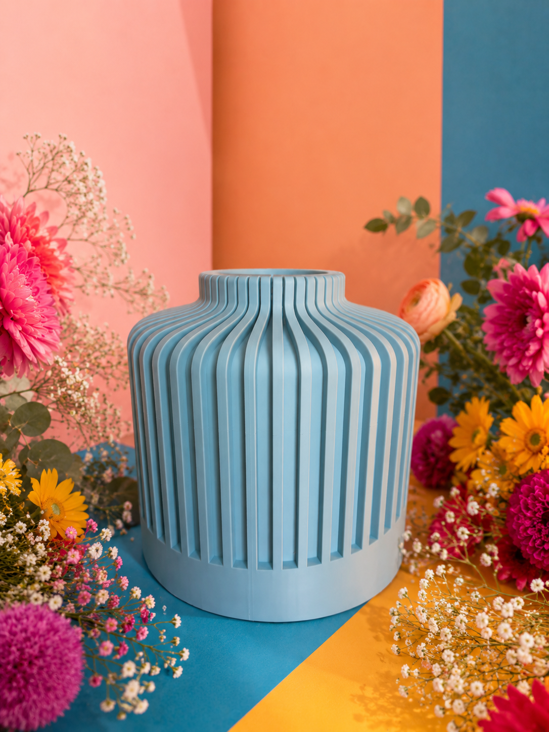 Vaso decorativo moderno in PETG stampato in 3D con texture a coste