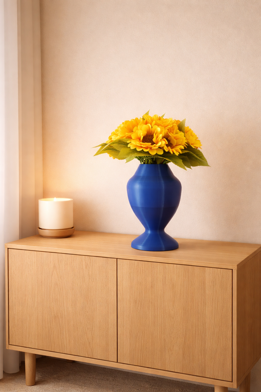 vaso elegante blu con fiori su mobile in ambiente domestico