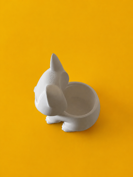 Vaso a Gatto stampato in 3D in PLA, vista dall’alto con alloggiamento per pianta
