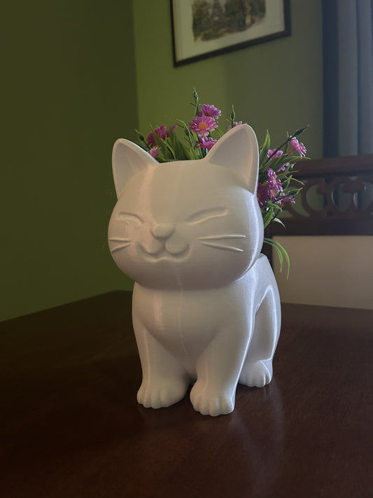 Vaso a Gatto porta pianta in PLA stampato in 3D con fiori, vista frontale