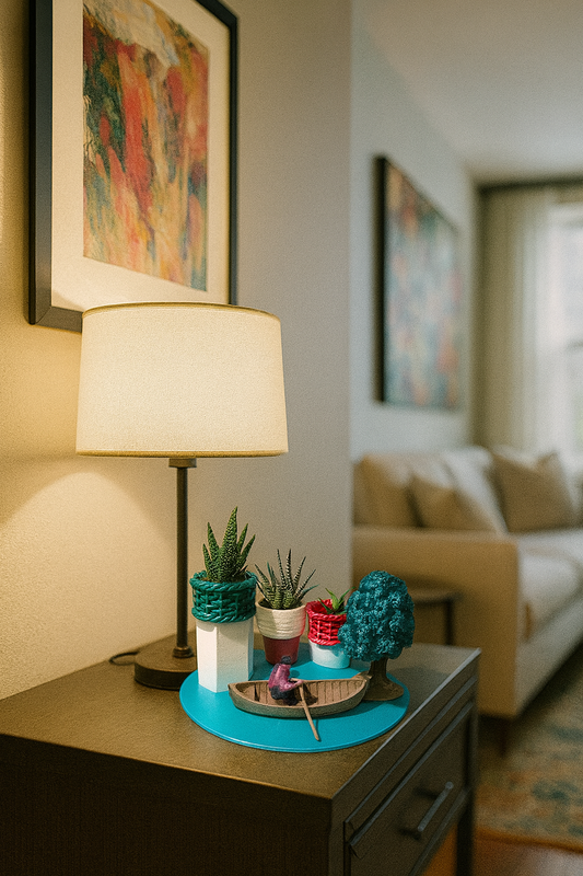 Decorazione casa barchetta con pescatore e piccolo alberello, vasetti portapiantine 3D