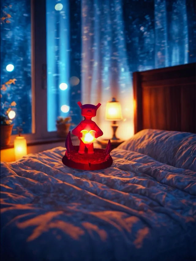 Luce notturna per bambini in plastica stampata in 3D, personaggio fantascienza che tiene un cuore rosso, funziona a batterie, ideale per cameretta