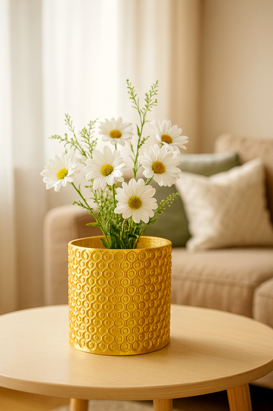 Vaso dorato tondo in plastica stampata in 3D, elegante per arredamento contemporaneo