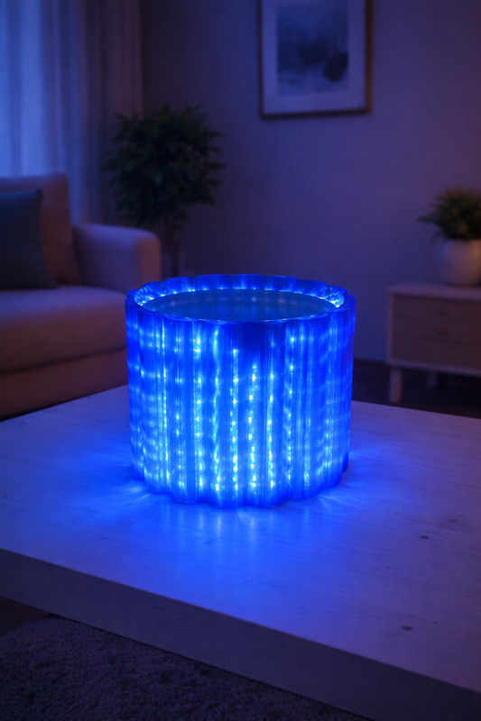 Vaso luminoso LED acceso con effetto luce blu in ambiente moderno