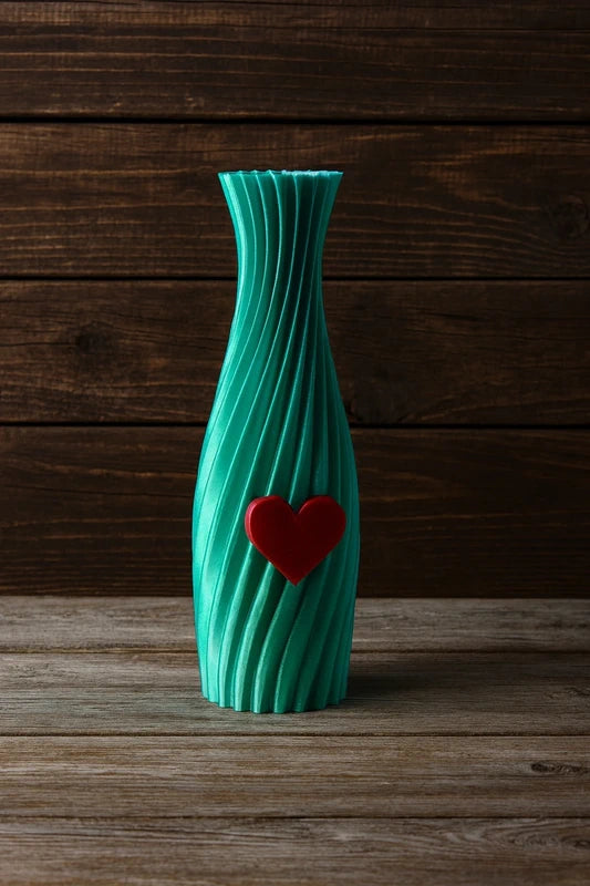 Vaso lungo verde con cuore rosso, ideale per fiori secchi o decorazioni da interno