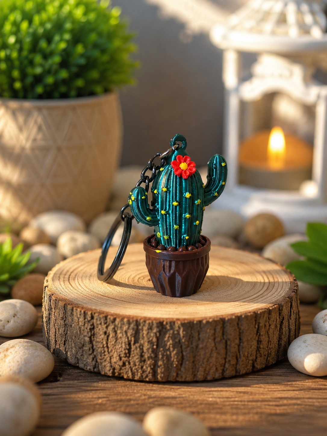 Modern 3D printed cactus keychain with decorative flower and pot, handmade in Italy. Unique keyring accessory for keys, backpacks, handbags and gift ideas.