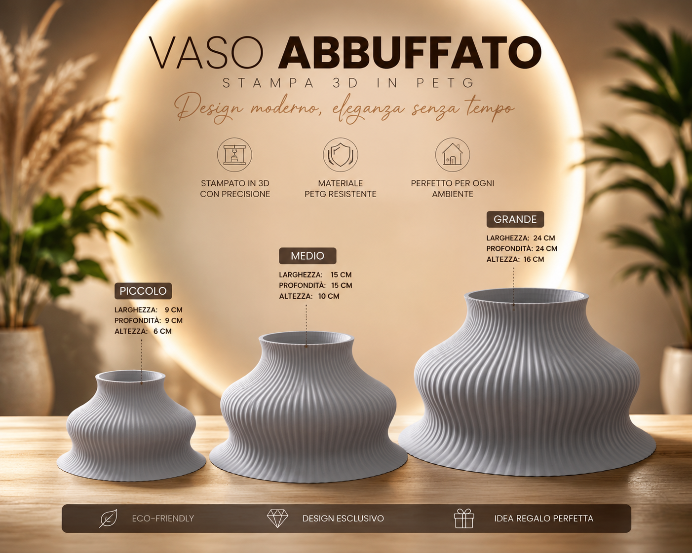 Modern ribbed decorative vase available in three sizes, precision 3D printed in durable PETG. Elegant home decor suitable for flowers, indoor plants and contemporary interior…