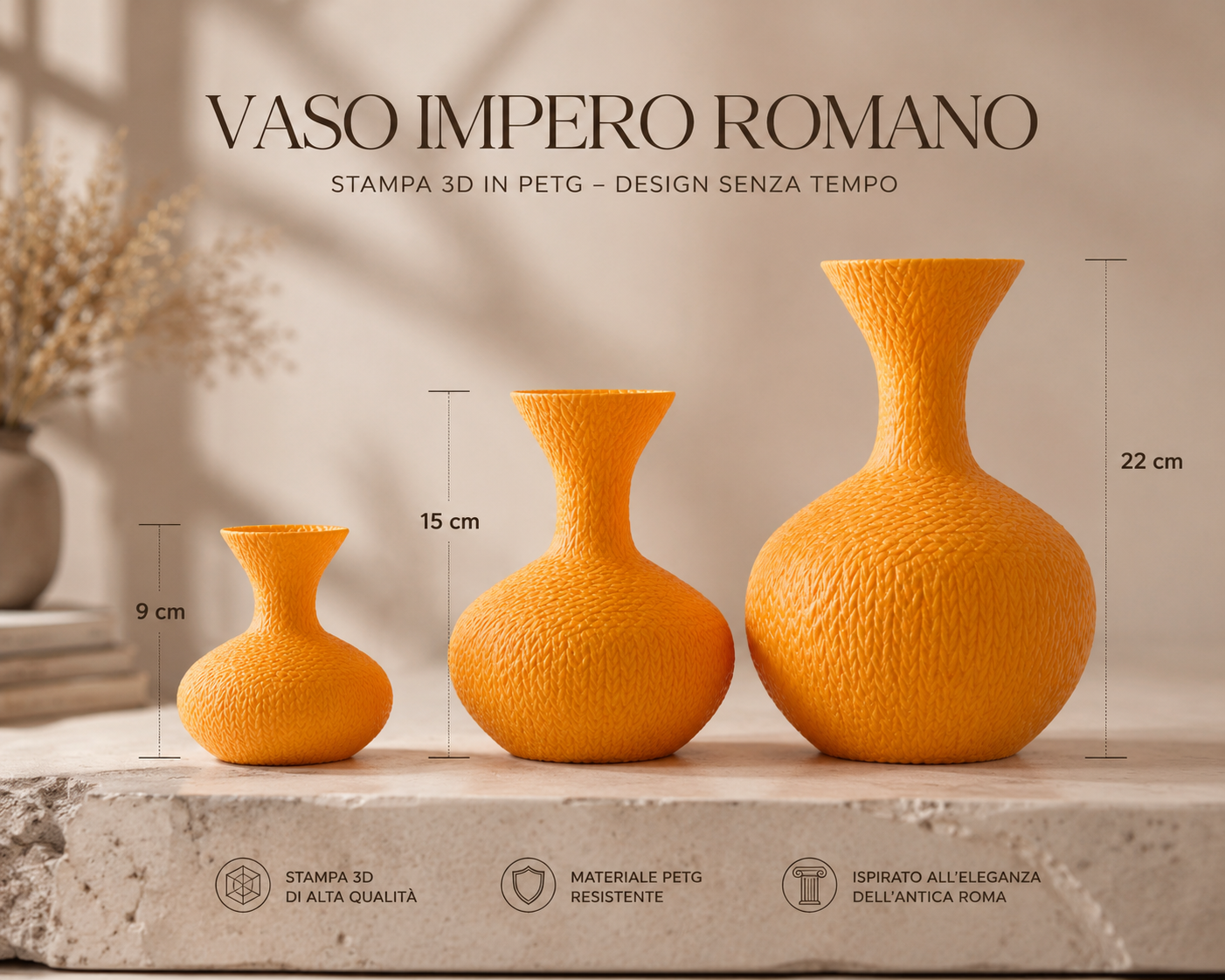 Roman Empire Vase available in three sizes: 9 cm, 15 cm and 22 cm. Premium 3D printed PETG vase designed for modern home styling and luxury decor.