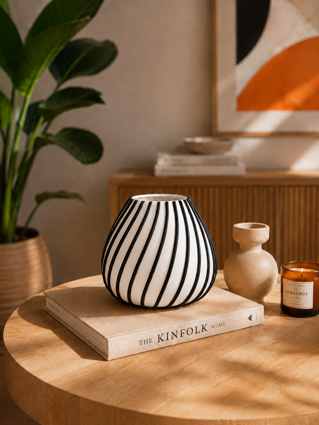 Afrikaans 3D printed designer vase with bold black sculptural lines on a white base, displayed in a modern interior as an elegant statement piece for contemporary home decor.