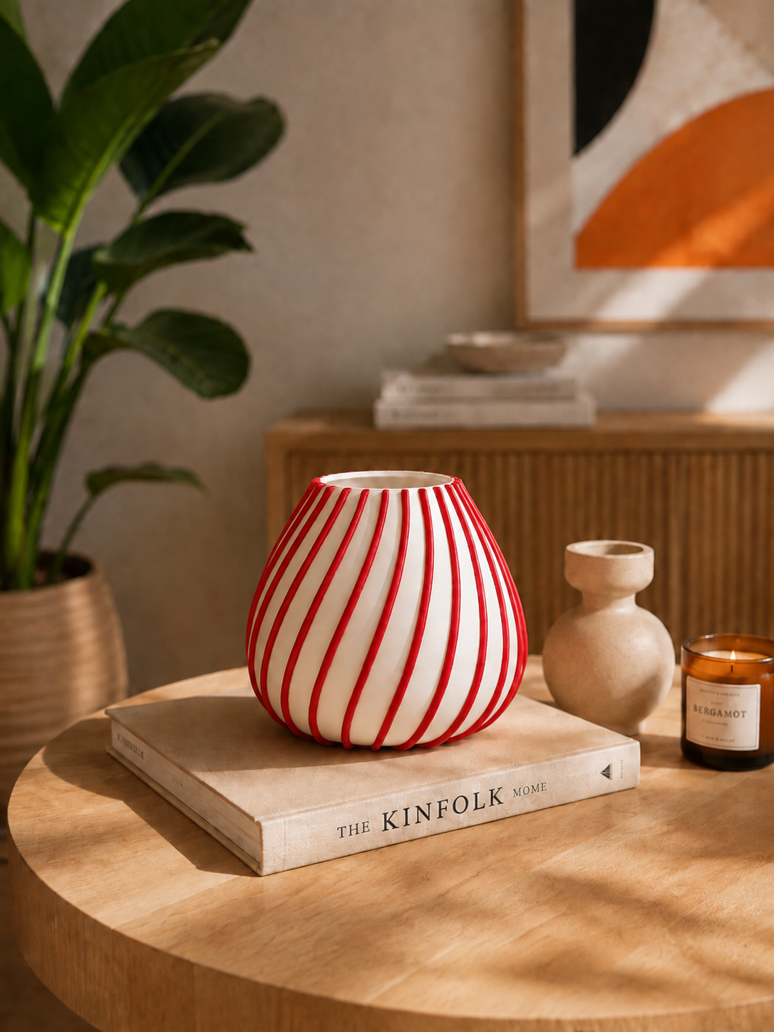 Afrikaans 3D printed designer vase with bold red sculptural lines on a white base, styled in a modern interior as an eye-catching decorative accent.