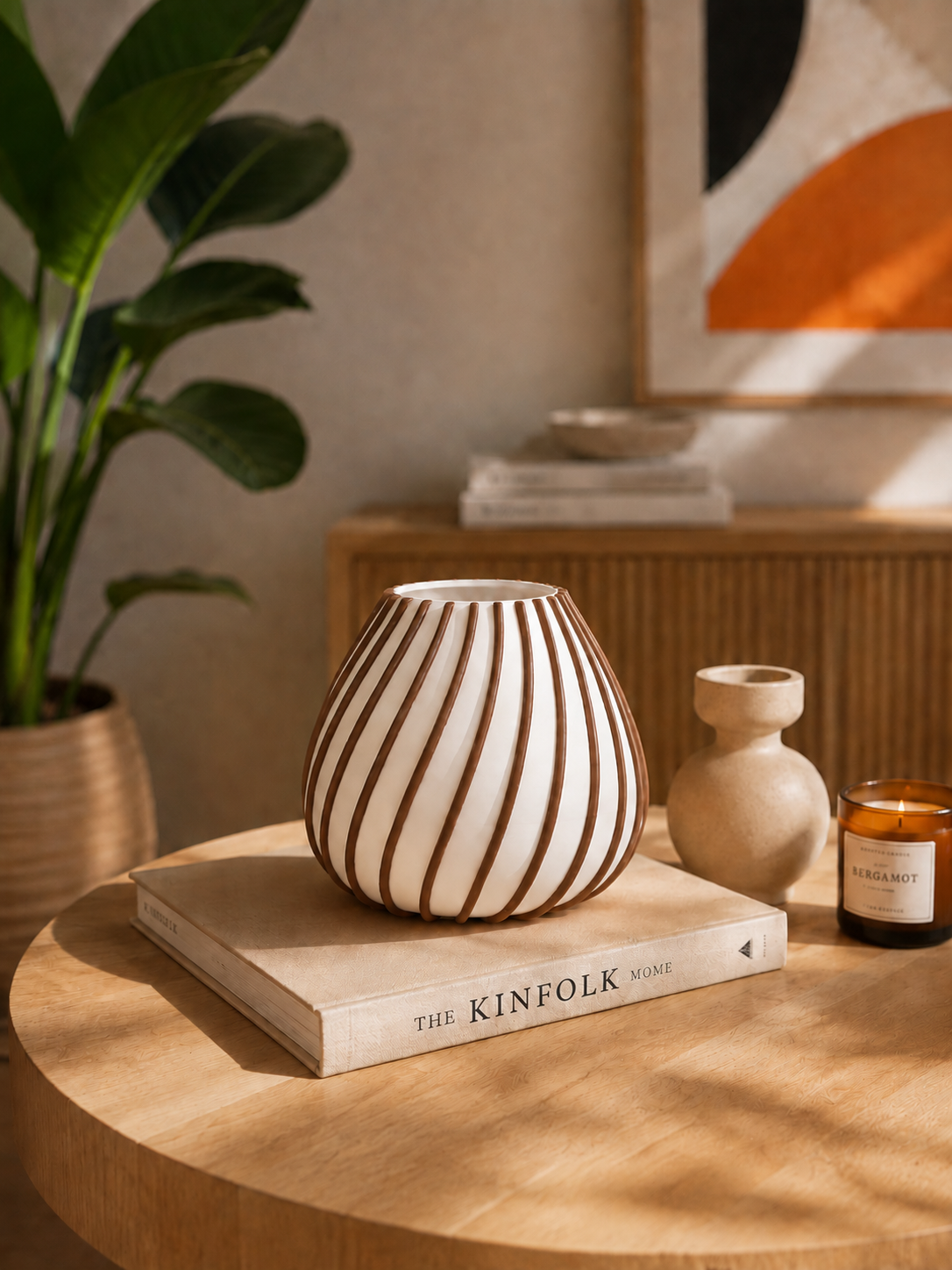 Afrikaans 3D printed designer vase with elegant brown sculptural lines on a white base, displayed in a warm modern interior as a stylish decorative accent for contemporary home decor.