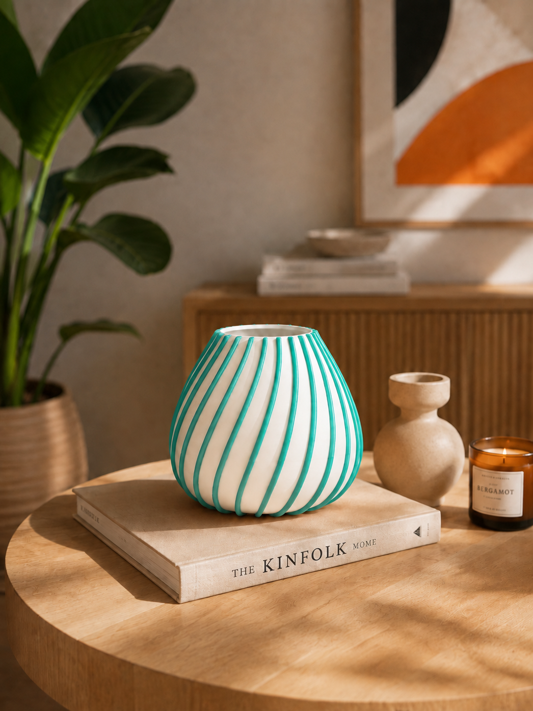 Modern 3D printed Afrikaans designer vase with sculptural curved lines, displayed in an elegant contemporary interior as a statement home decor piece.