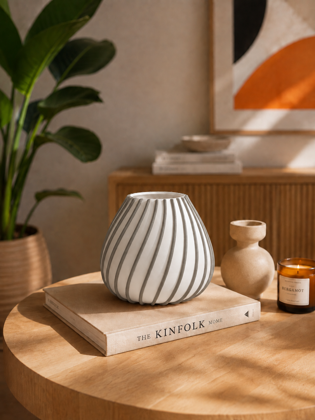 Afrikaans 3D printed designer vase with elegant grey sculptural lines on a white base, styled as a modern decorative accent for contemporary and minimalist interiors.