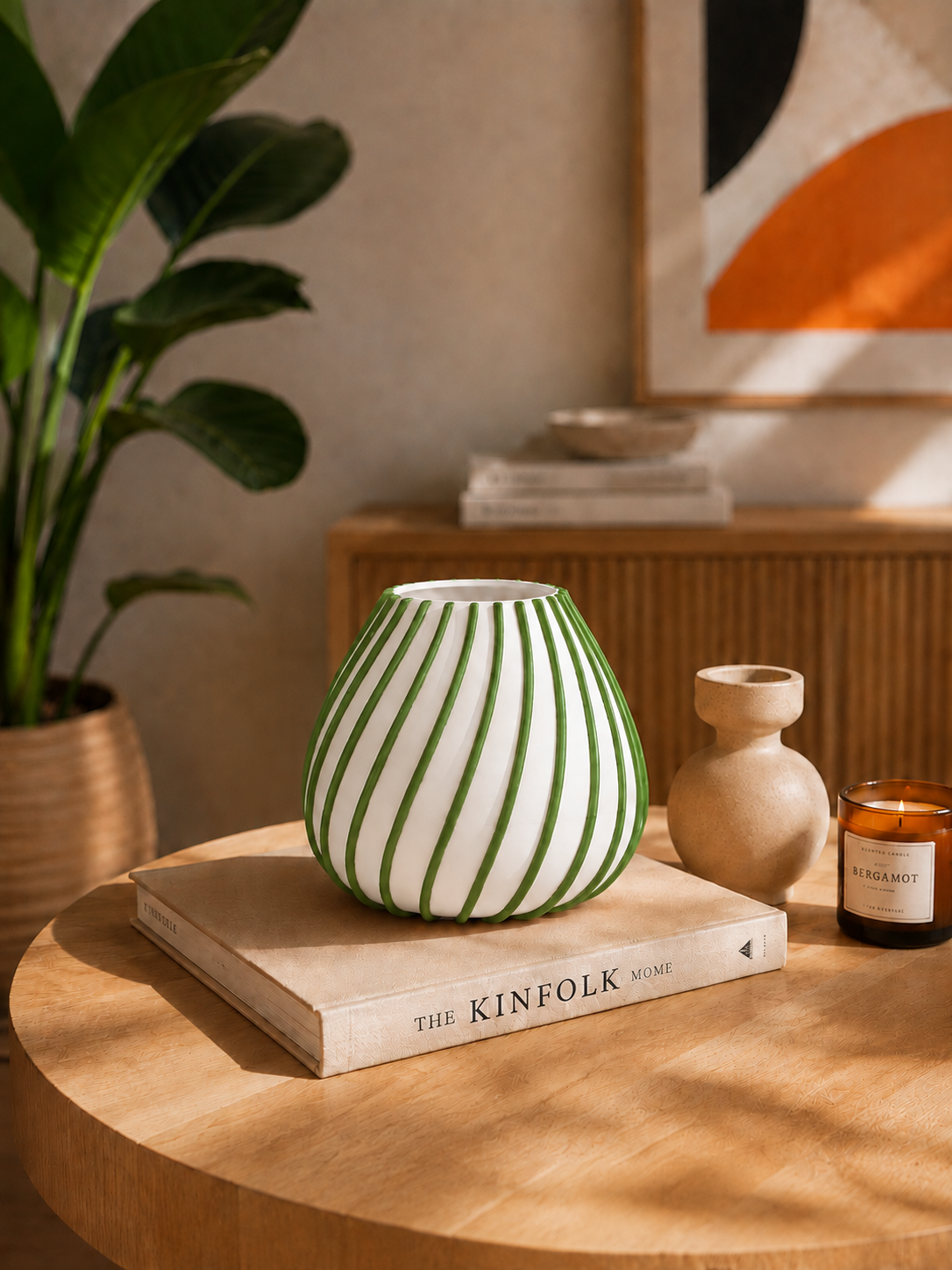 Afrikaans 3D printed designer vase with elegant green sculptural lines on a white base, displayed in a warm modern interior as a statement accent for contemporary home decor.