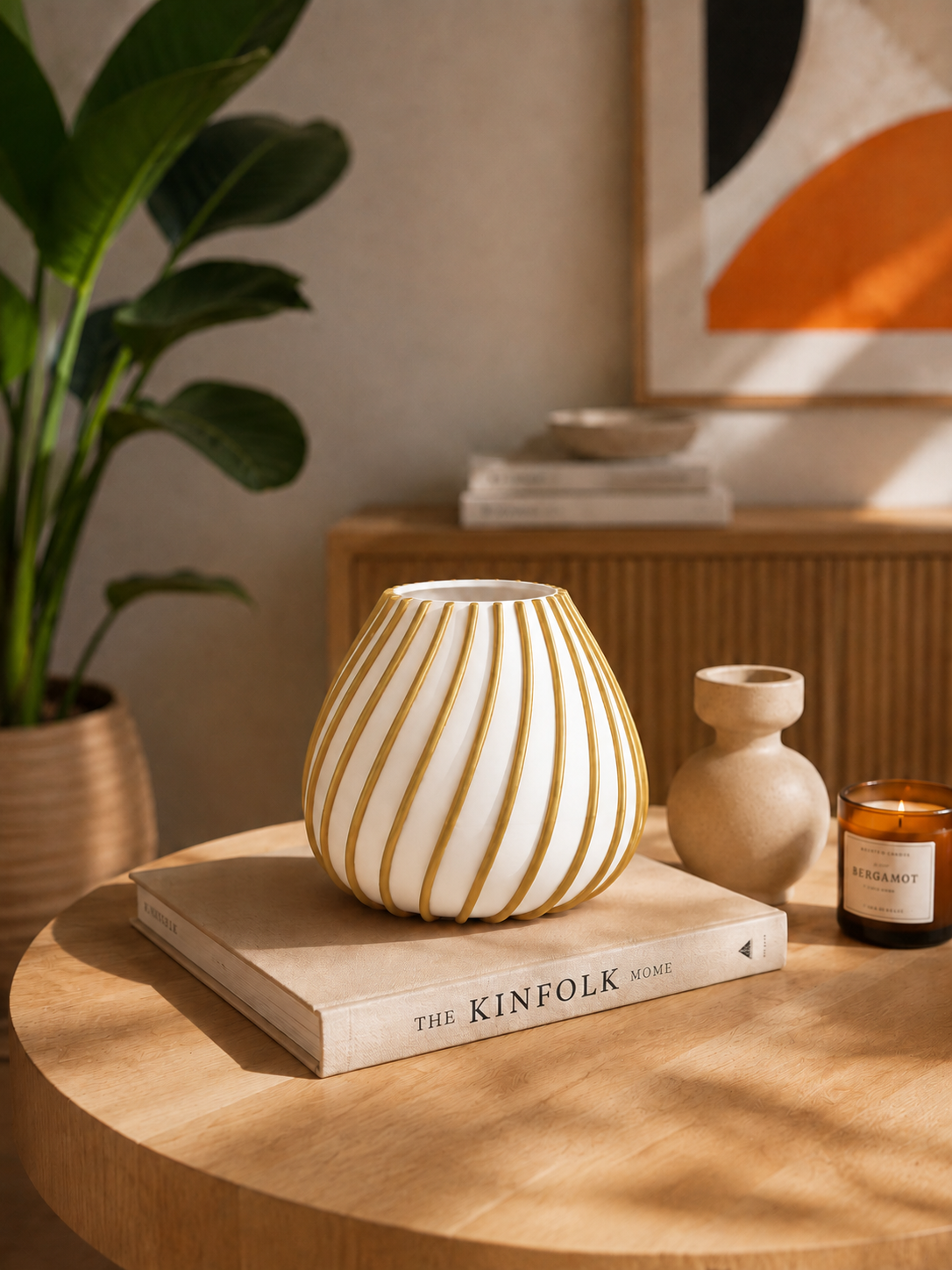 Afrikaans 3D printed designer vase with elegant gold sculptural lines on a white base, styled as a luxury decorative accent for modern and contemporary interiors.