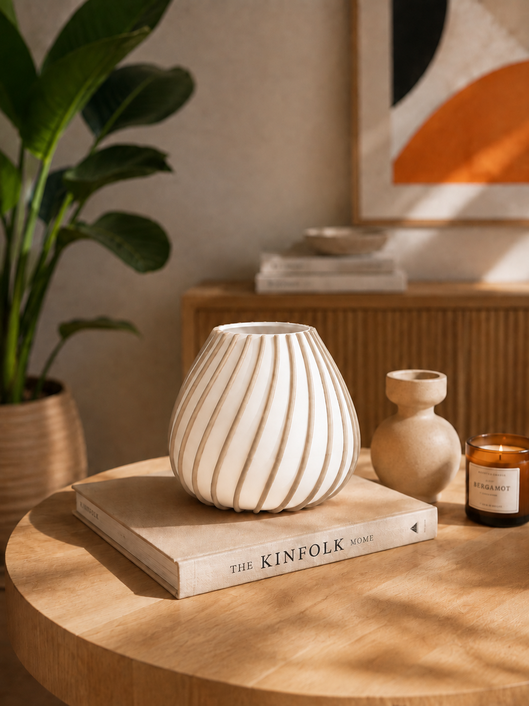 Afrikaans 3D printed designer vase with elegant sculptural lines, styled in a warm contemporary interior as a minimalist statement home decor piece.