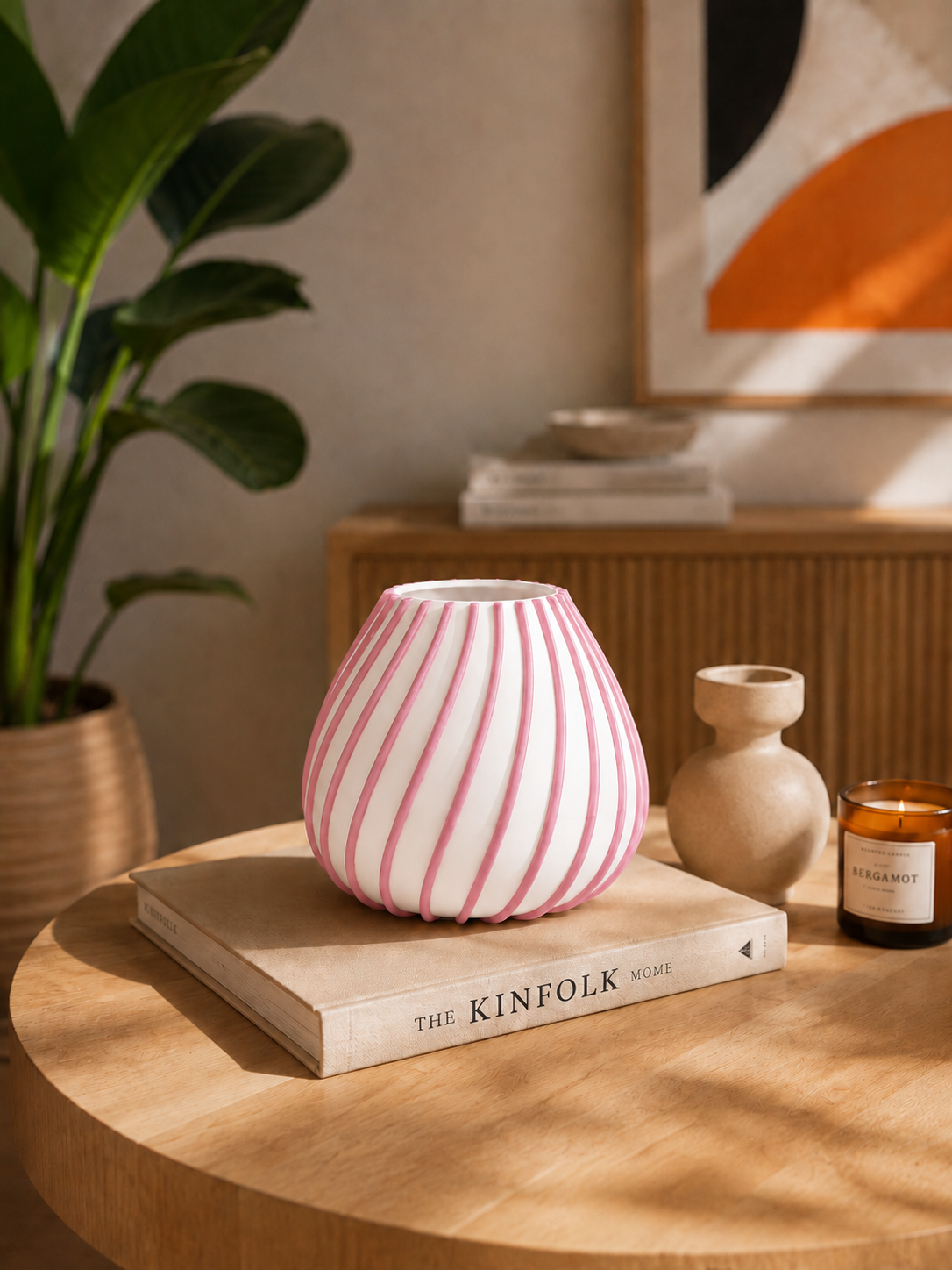 Afrikaans 3D printed designer vase with elegant pink sculptural lines on a white base, styled as a modern statement piece for contemporary and minimalist interiors.