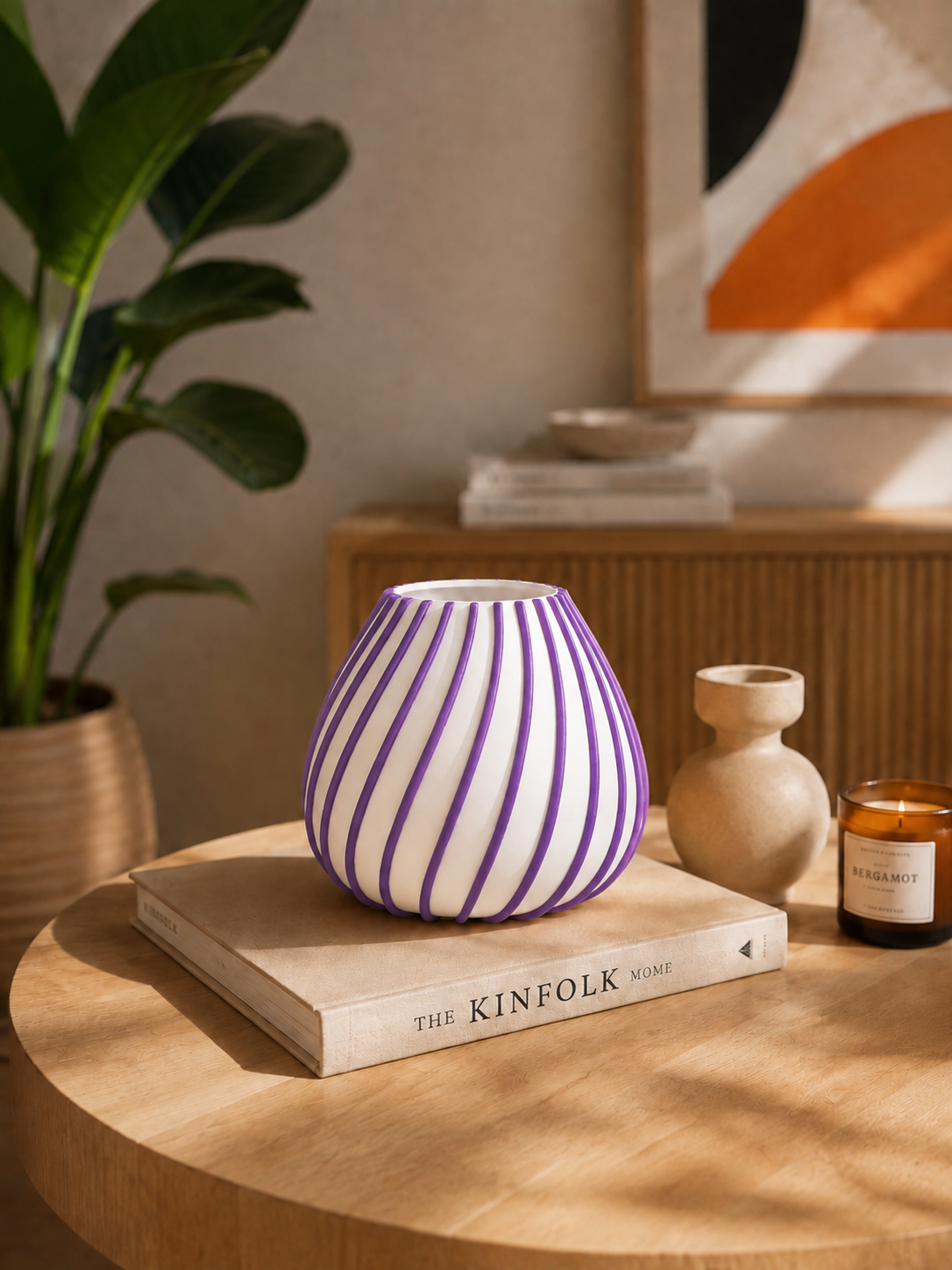 Afrikaans 3D printed designer vase with elegant purple sculptural lines on a white base, displayed in a warm modern interior as a stylish statement piece for contemporary home decor.