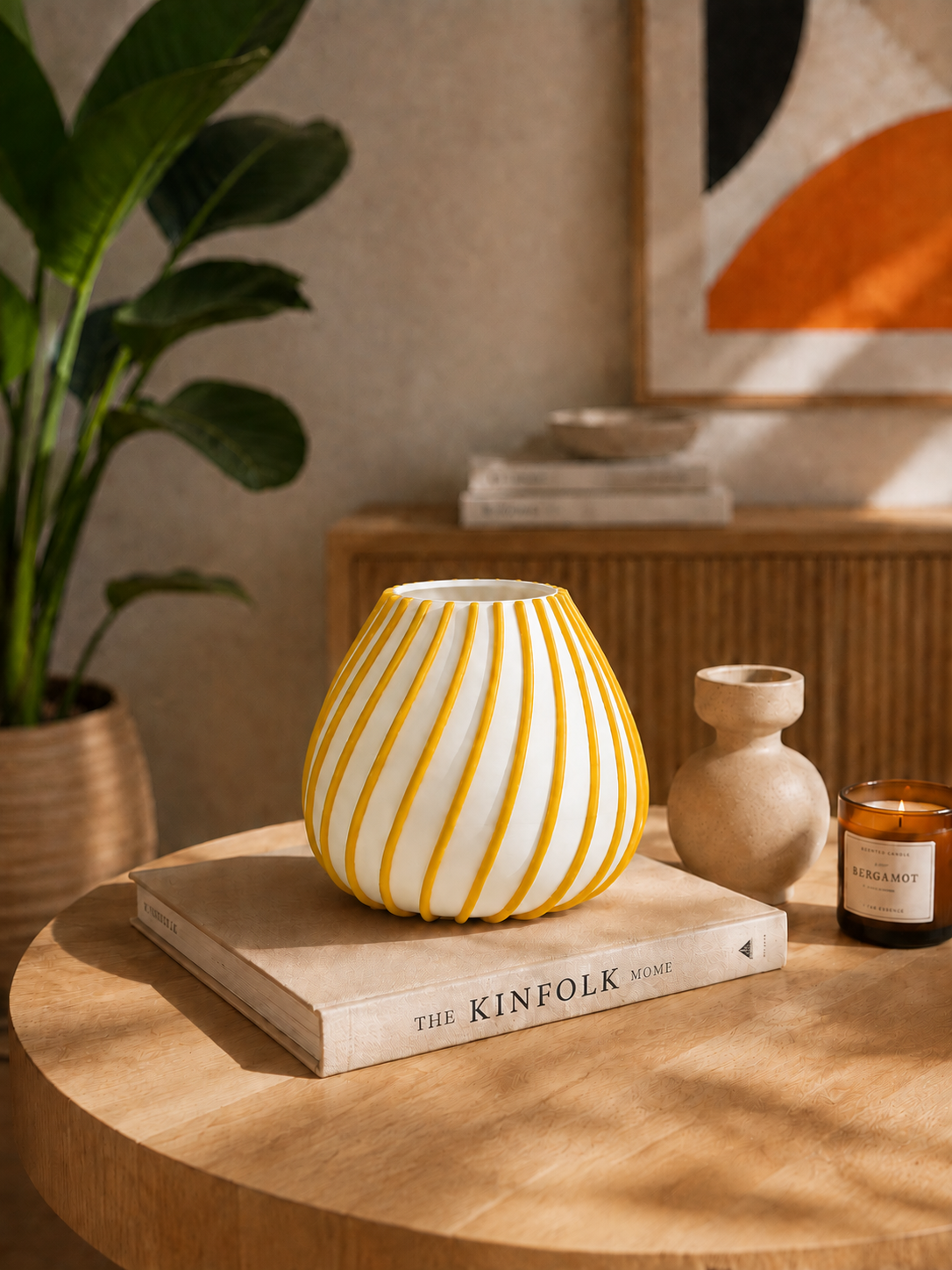 Afrikaans 3D printed designer vase with vibrant yellow sculptural lines on a white base, displayed in a warm modern interior as an eye-catching statement piece for contemporary home decor.