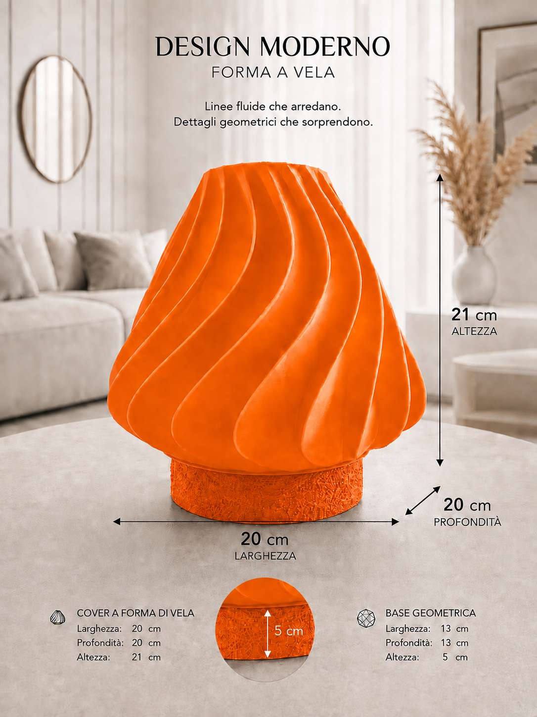 All-orange sculptural table lamp with matching geometric base and modern wave design, ideal for contemporary home décor, statement lighting and colorful modern interiors.