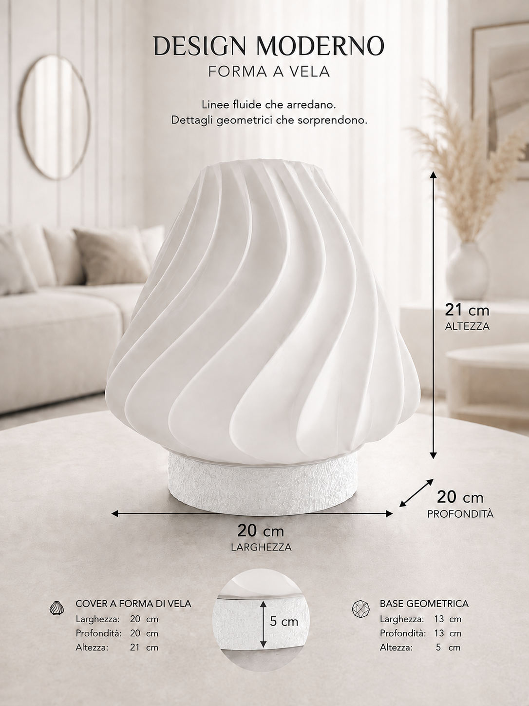 Modern all-white table lamp with sculptural wave design and matching geometric base, ideal for minimalist home décor, contemporary interiors and elegant ambient lighting.