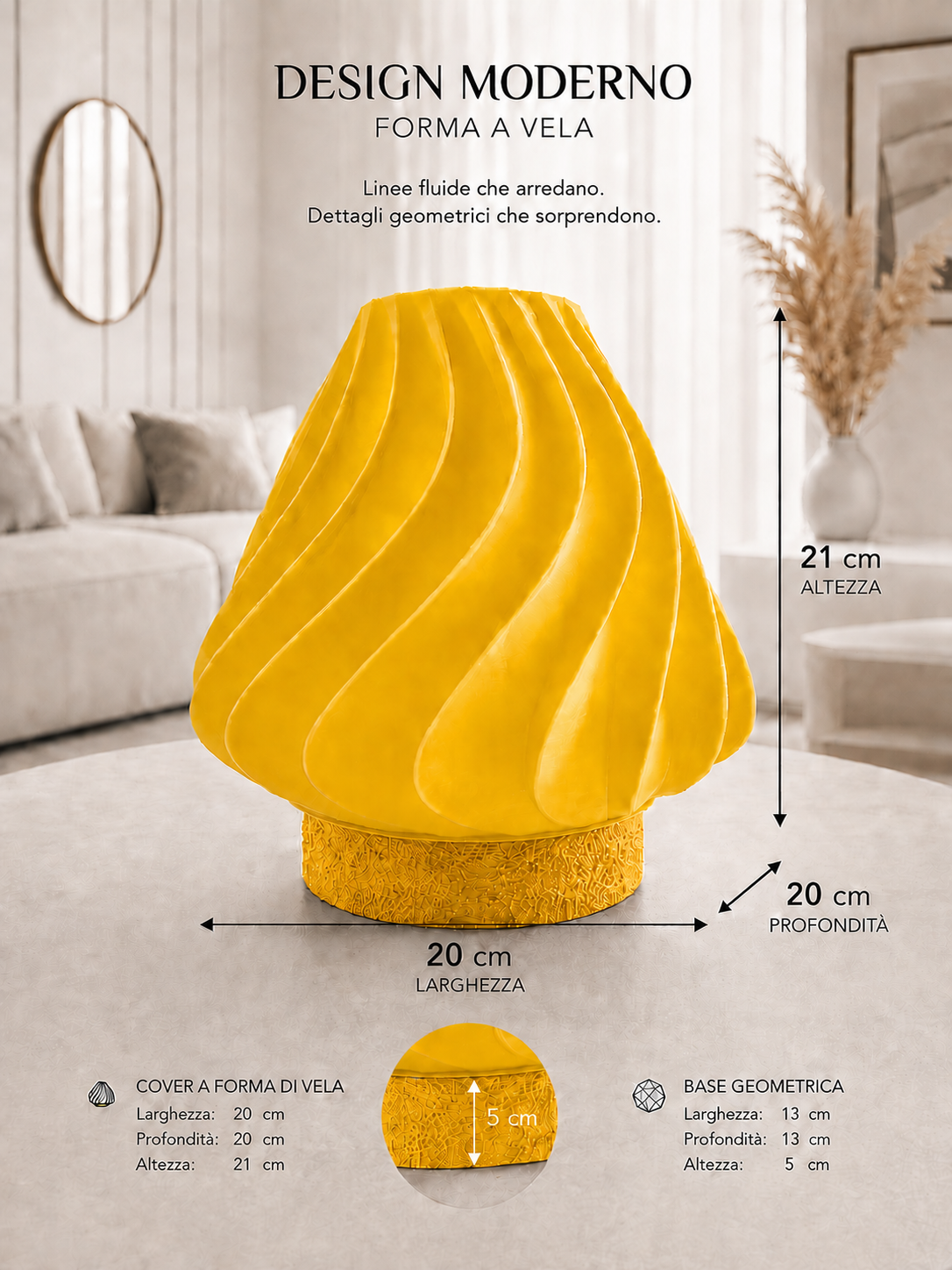 All-yellow sculptural table lamp with matching geometric base and modern wave design, ideal for contemporary home décor, statement lighting and colorful modern interiors.