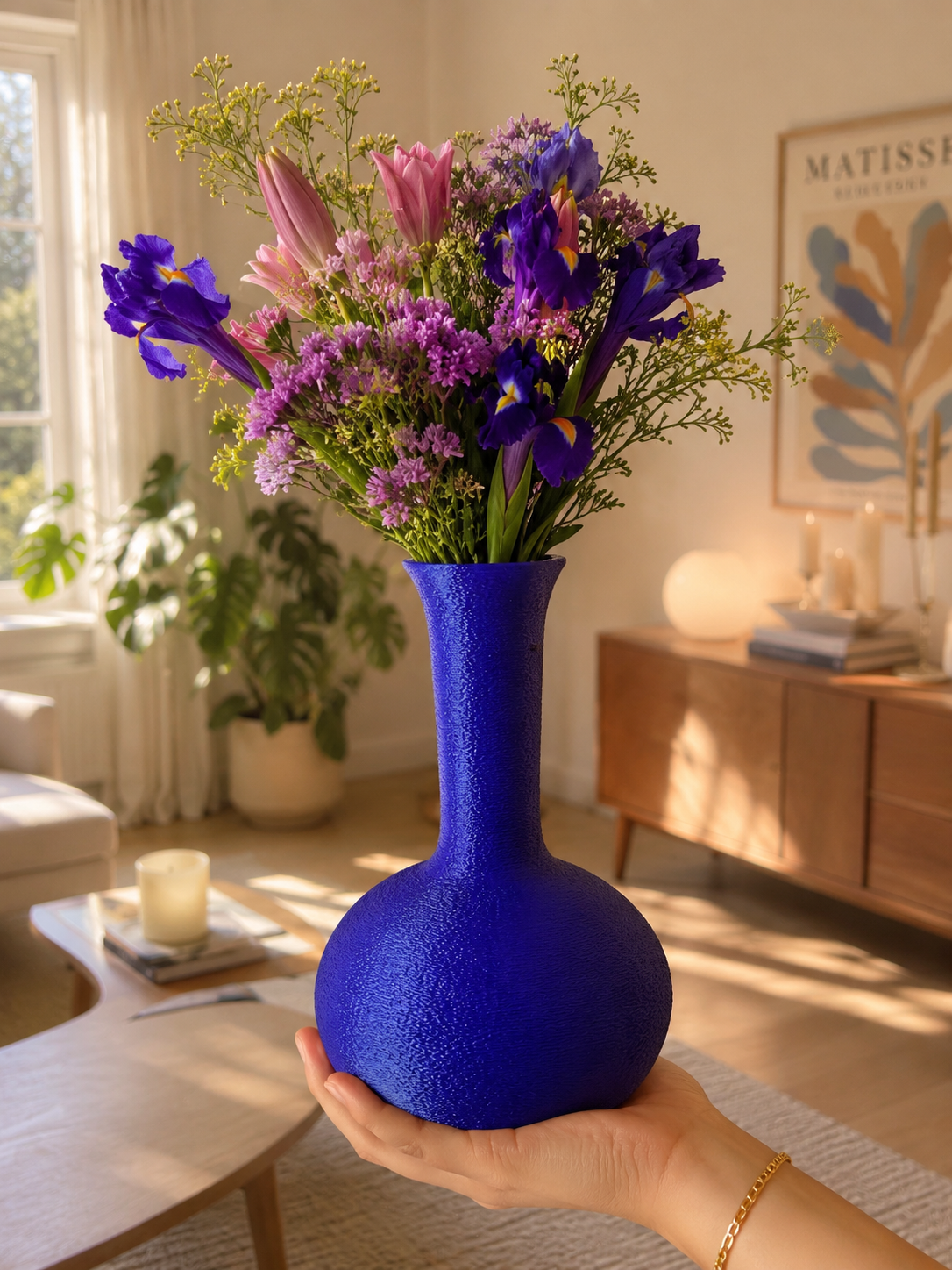 Elegant Antica Caverna home decor vase held by hand with colorful flowers in a stylish living space