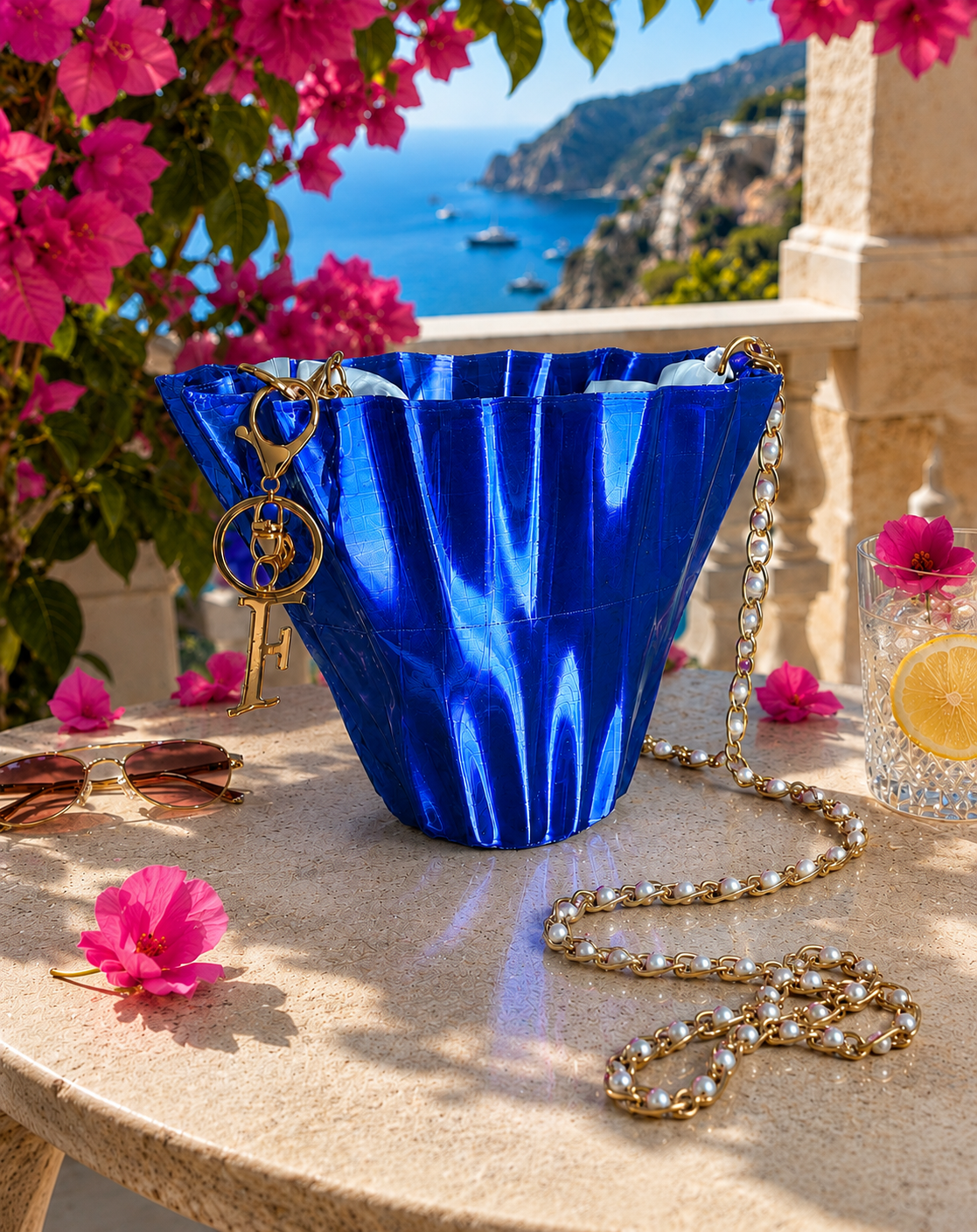Aurora Fold Blue luxury designer handbag for women featuring a bold geometric silhouette, glossy royal blue finish and elegant pearl shoulder chain. Expertly designed in 3D and crafted using advanced 3D printing technology in Italy. Premium women's shoulder bag for luxury vacations, seaside resorts, weddings, cocktail parties, evening events and contemporary designer fashion. Exclusive Made in Italy fashion accessory for modern luxury style and timeless elegance.