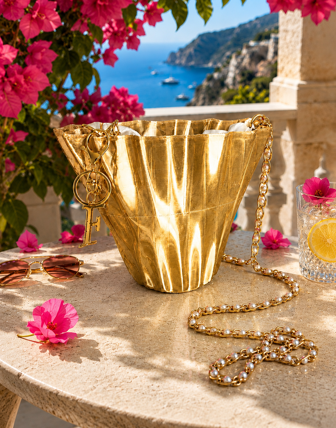 Aurora Fold Gold luxury designer handbag for women featuring a sculptural geometric silhouette, brilliant metallic gold finish and elegant pearl shoulder chain. Expertly designed in 3D and crafted using advanced 3D printing technology in Italy. Premium women's shoulder bag for luxury travel, summer vacations, weddings, cocktail parties, evening events and contemporary designer fashion. Exclusive Made in Italy fashion accessory for modern luxury style.