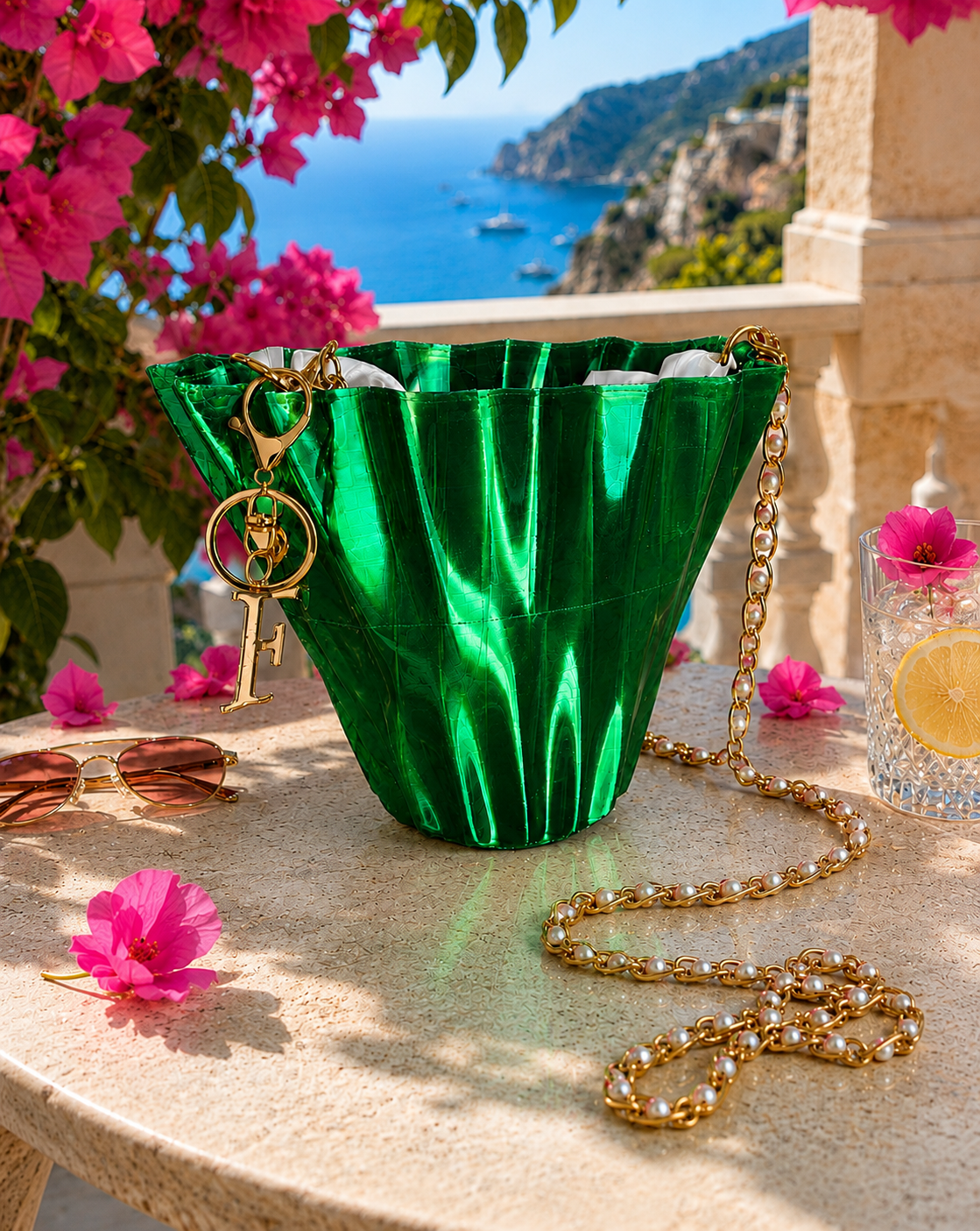 Aurora Fold Green luxury designer handbag for women featuring a sophisticated geometric silhouette, glossy emerald green finish and elegant pearl shoulder chain. Expertly designed in 3D and crafted using advanced 3D printing technology in Italy. Premium women's shoulder bag for luxury vacations, seaside resorts, weddings, cocktail parties, evening events and contemporary designer fashion. Exclusive Made in Italy fashion accessory created for modern elegance, timeless style and luxury living.