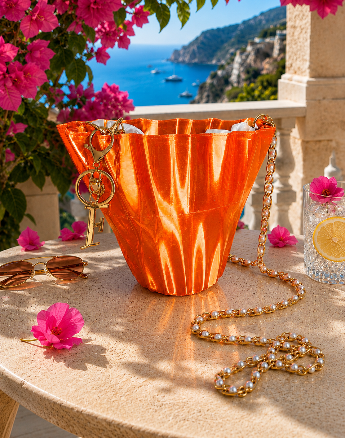 Aurora Fold Orange luxury designer handbag for women featuring a bold geometric silhouette, glossy vibrant orange finish and elegant pearl shoulder chain. Expertly designed in 3D and crafted using advanced 3D printing technology in Italy. Premium women's shoulder bag for summer vacations, luxury resorts, beach destinations, cocktail parties, weddings, evening events and contemporary designer fashion. Exclusive Made in Italy fashion accessory combining innovation, luxury craftsmanship and timeless elegance.