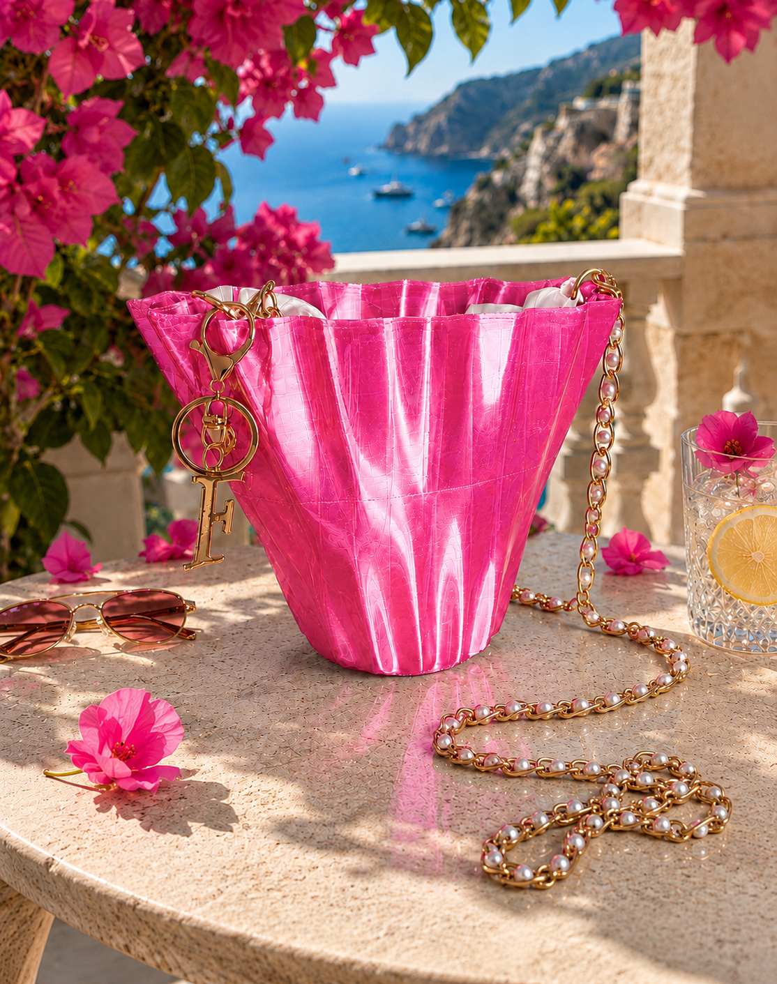 Aurora Fold Pink luxury designer handbag for women, featuring a modern geometric silhouette, glossy finish and premium pearl shoulder chain. Expertly designed in 3D and crafted using advanced 3D printing technology in Italy. Elegant fashion shoulder bag for luxury travel, evening events, weddings, cocktail parties, resort wear and contemporary designer fashion. Unique Made in Italy women's handbag and premium fashion accessory.