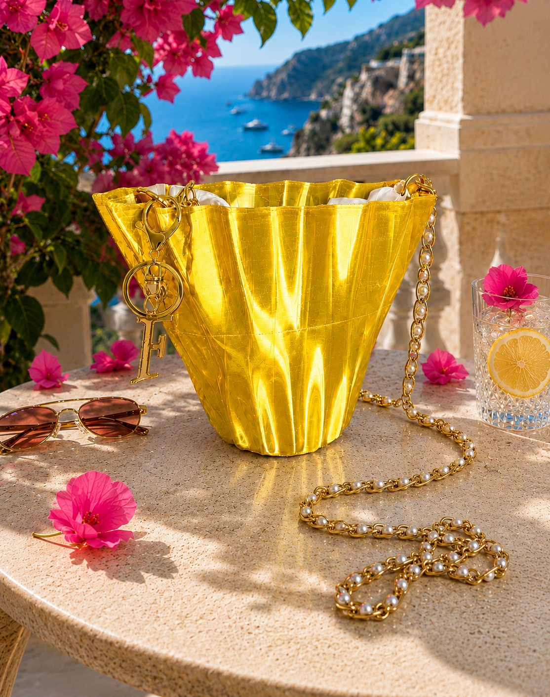 Aurora Fold Yellow luxury designer handbag for women featuring a striking geometric silhouette, glossy sunshine yellow finish and elegant pearl shoulder chain. Expertly designed in 3D and crafted using advanced 3D printing technology in Italy. Premium women's shoulder bag for summer vacations, luxury resorts, weddings, cocktail parties, evening events and contemporary designer fashion. Exclusive Made in Italy fashion accessory combining innovation, elegance and modern luxury.