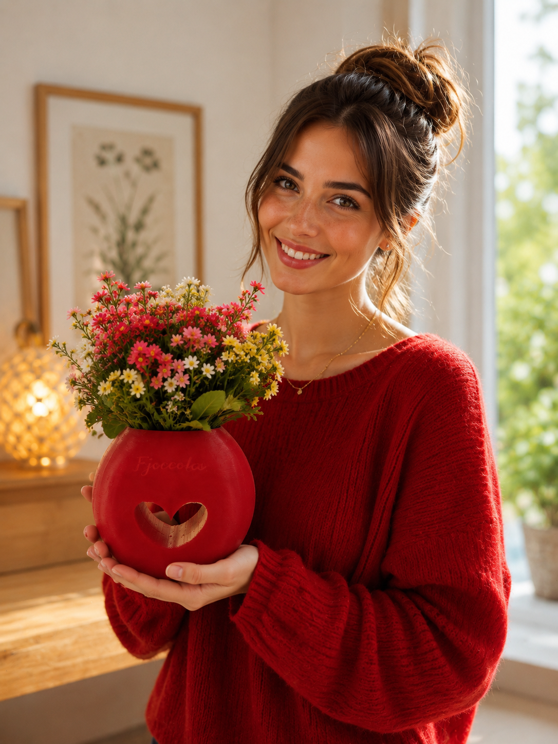 Smiling woman holding a modern red decorative flower vase filled with colorful flowers. Elegant 3D printed home decor accessory designed for living rooms, bedrooms, offices, luxury interiors and unique home styling inspiration.