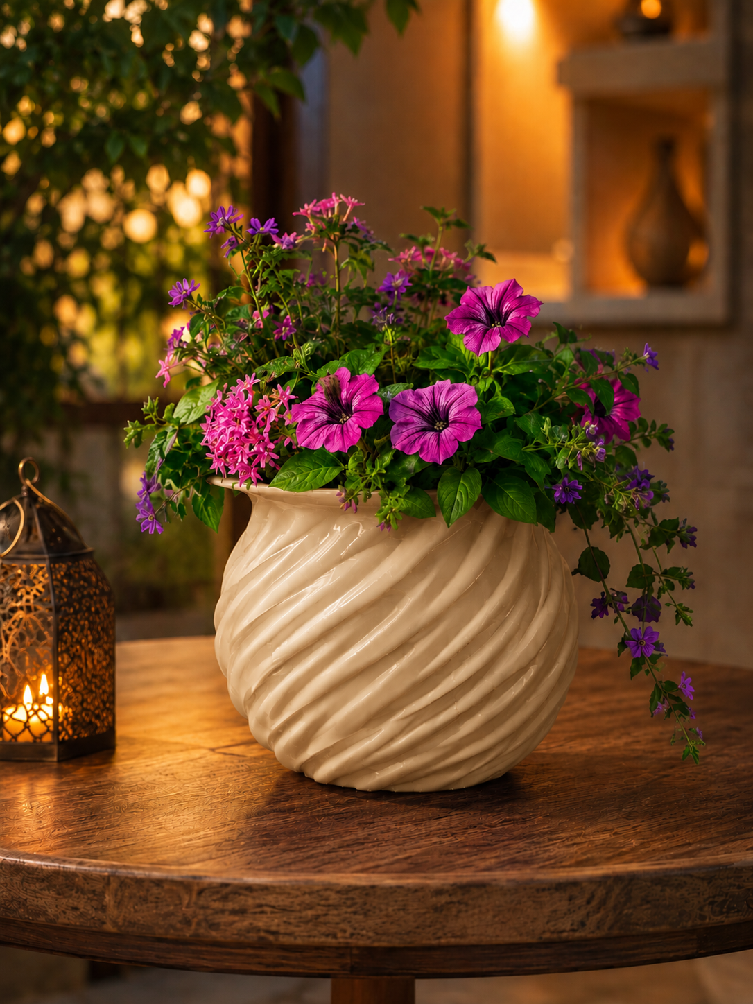 Elegant beige 3D printed planter with a modern spiral design, filled with vibrant colorful flowers. Premium decorative flower pot for indoor plants, luxury home decor, contemporary interior design, living room decoration, botanical styling and designer home accessories.