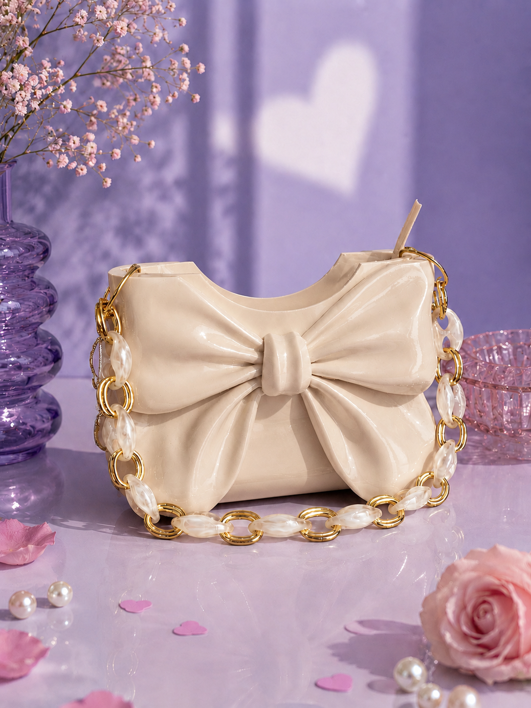Elegant beige Dany bow handbag designed in 3D and crafted from high-quality PLA with a glossy finish. Luxury women's designer shoulder bag featuring a sculptural bow and a sophisticated contemporary style. Perfect for everyday fashion, elegant outfits, weddings, parties, special occasions and stylish gifts for her.