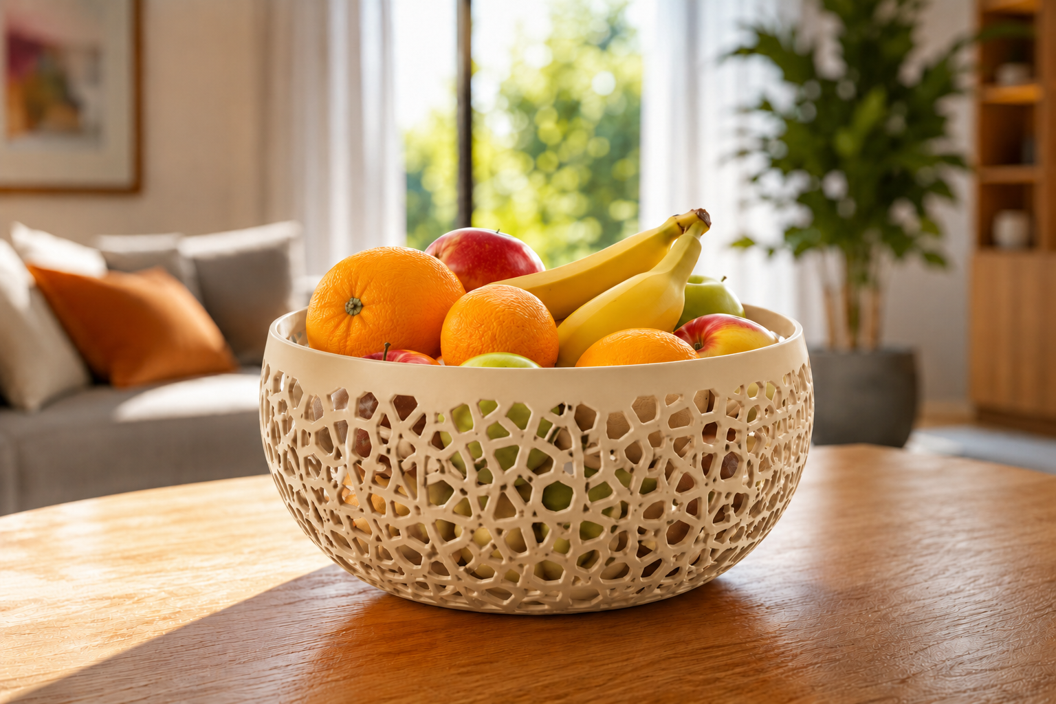 The Beige Lumea modern fruit bowl is a premium 3D printed decorative basket crafted from durable PETG. Featuring an elegant geometric openwork design, it beautifully displays fresh fruit while enhancing contemporary kitchens, dining rooms, and modern living spaces. Designed and made in Italy, this stylish fruit basket combines minimalist aesthetics, everyday functionality, and premium craftsmanship, making it a perfect centerpiece for luxury home décor.