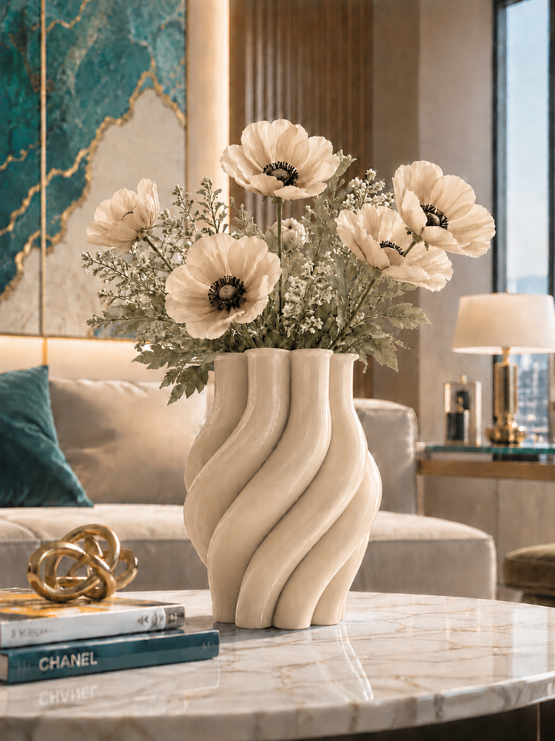 Elegant beige Margherita designer vase expertly crafted with premium 3D printing technology in durable PETG, featuring a refined cream floral arrangement in warm neutral tones. Luxury modern home decor perfect for living rooms, dining tables, offices, hotels and contemporary interiors. Made in Italy, ideal for fresh flowers, designer styling, elegant home decoration and premium interior design.