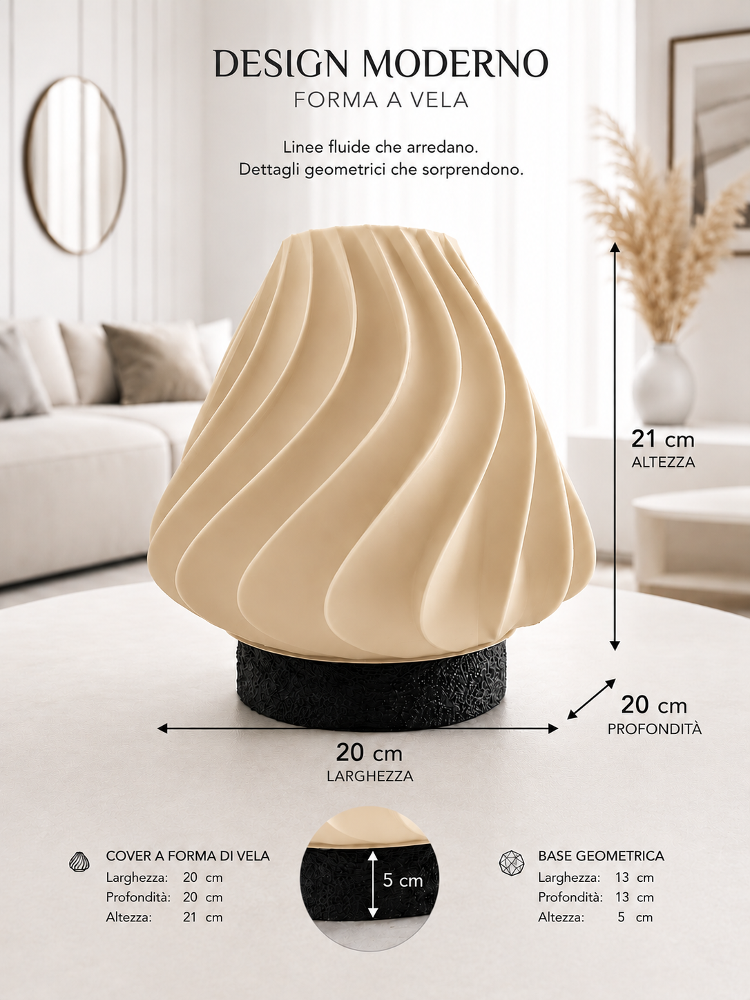 Modern beige table lamp with sculptural wave design and black geometric base, ideal for contemporary interiors, neutral home décor and ambient lighting.