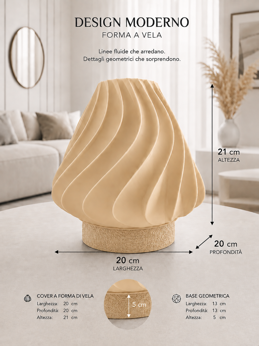 Modern beige sculptural table lamp with matching geometric base and elegant wave design, ideal for neutral home décor, minimalist interiors and contemporary ambient lighting.