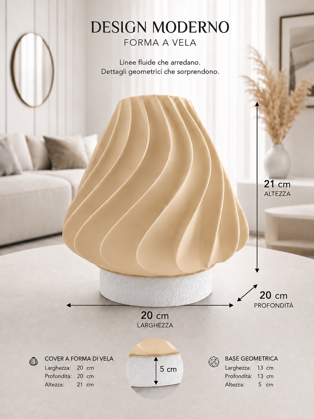 Modern beige sculptural table lamp with a white geometric base and elegant wave design, perfect for minimalist interiors, contemporary home décor and ambient lighting.
