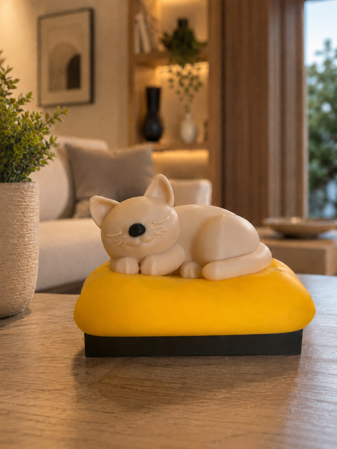Elegant beige sleeping cat sculpture resting on a vibrant yellow cushion. Modern 3D printed decorative cat statue for living rooms, bedrooms, offices, shelves, and contemporary interiors. A stylish home decor accessory and a unique gift for cat lovers, minimalist design enthusiasts, and modern home decoration.