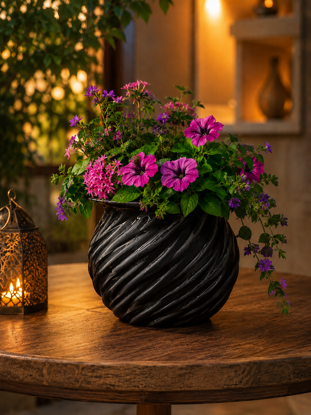 Elegant black 3D printed planter featuring a modern spiral design, filled with vibrant colorful flowers. Premium decorative flower pot for indoor plants, luxury home decor, contemporary interior design, living room decoration, botanical styling, designer home accessories and modern floral arrangement.